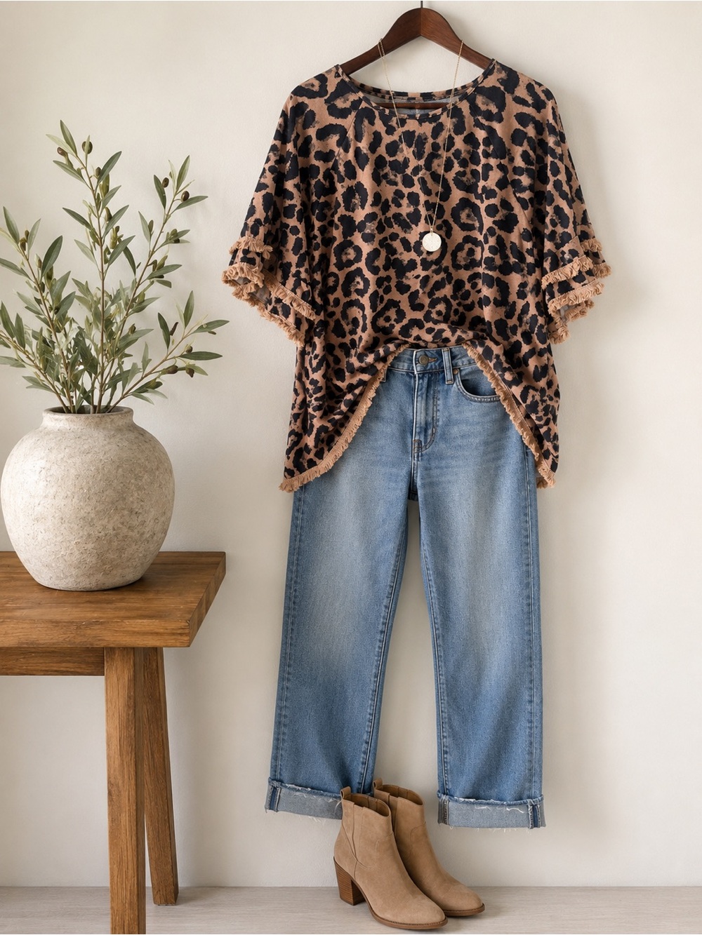 Leopard Print Fringe Trim Top | Short Sleeve | Boho Casual | Women's 2XL